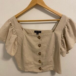 QED London 1/4 Linen Beige Button-Down  Puff Sleeve Blouse